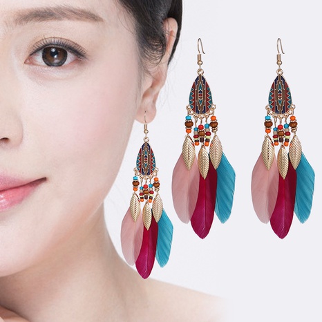 Fashion Feather Long Tassel Bohemian Earrings Wholesale NHDAX644824's discount tags