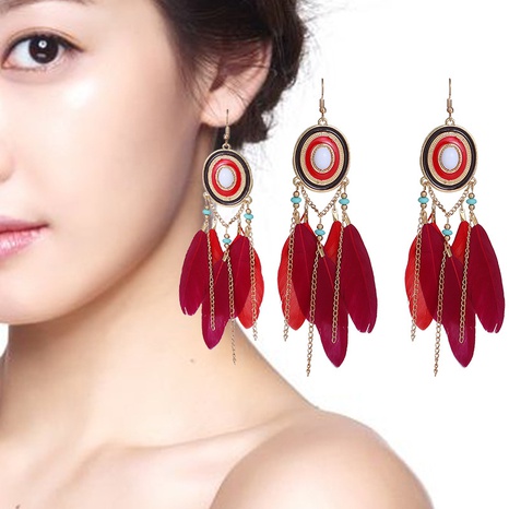 fashion feather oval long ethnic tassel earrings wholesale NHDAX644826's discount tags