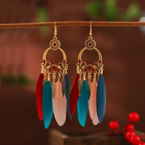 Retro alloy tassel feather leaves gold metal earrings wholesale's discount tags