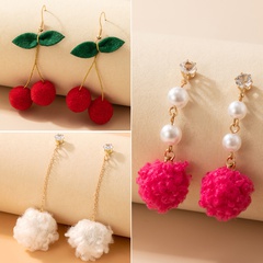 Cute Pearl Plush Ball Stud Earrings Diamond Chain Cherry Earrings