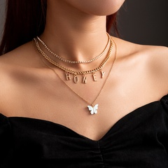 Creative retro letters butterfly pendant necklace multi-layer stacking necklace collarbone chain