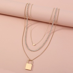 fashion alloy inlaid rhinestone lock pendant multi-layer necklace wholesale