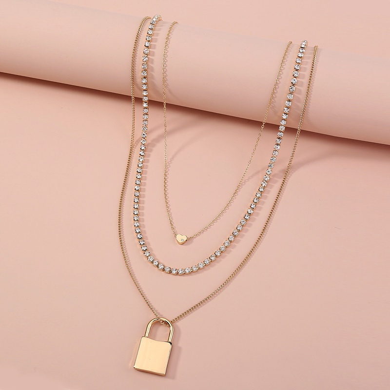 fashion alloy inlaid rhinestone lock pendant multilayer necklace wholesale
