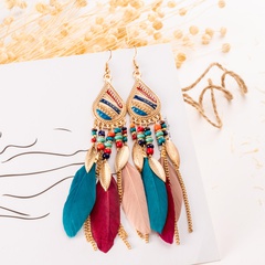 Creative Feather Boho Rice Bead Stud Long Waterdrop Tassel Earrings