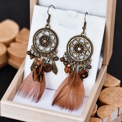 retro round small flower diamond wood bead long feather earrings