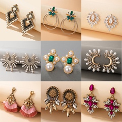 fashion contrast color alloy rhinestones flower circle geometric earrings