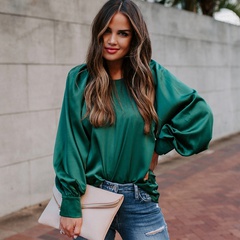 New Satin Bubble Long Sleeve Crew Neck Solid Pullover Top