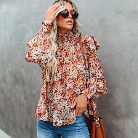 New pleated turtleneck floral print slit top loose turtleneck shirt's discount tags