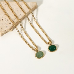 Collar de acero inoxidable con cadena Figaro con colgante redondo de jade aventurina verde de 14 quilates