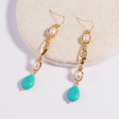 retro turquoise water drop inlaid pearl long tassel earrings wholesale