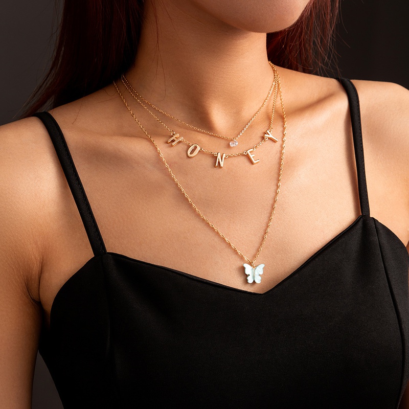 fashion ladies butterfly letter pendent multilayer alloy necklace collarbone chain