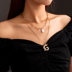 fashion diamond-studded metal dragon baroque imitation pearls stacked necklace