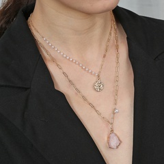 Pink water drop imitation natural stone potrait pendant multi-layer necklace