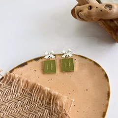Fashion olive green spring and summer square bow alloy earrings