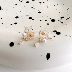 retro pearl zircon shell flower simple copper earrings