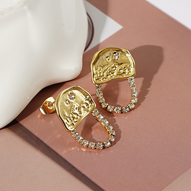 retro semicircle chain inlaid zircon copper earrings wholesale