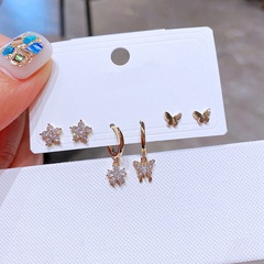 fashion inlaid zircon flower butterfly copper earrings three pairs wholesale