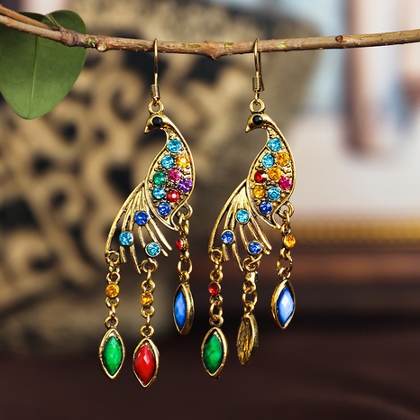 ethnic creative peacock inlaid diamond long tassel drop earrings wholesale NHDAX646367's discount tags