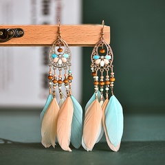 retro water drop rice beads long tassel geometric feather earrings wholesale