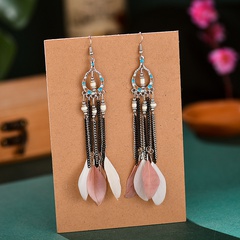 Bohemian long ethnic style tassel feather alloy earrings accessory