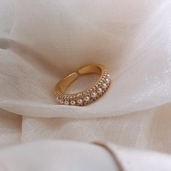 Real gold color-preserving electroplating diamond-encrusted pearl open alloy ring
