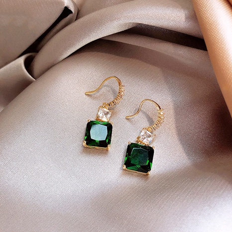Simple emerald square gemstone inlaid rhinestone alloy earrings wholesale NHJBY646440's discount tags