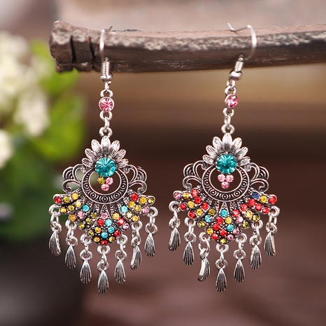 Fan-shaped multi-layer tassel peacock diamond retro alloy earrings's discount tags