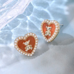 Cute sweet creative pink heart bear pattern pearl alloy earrings