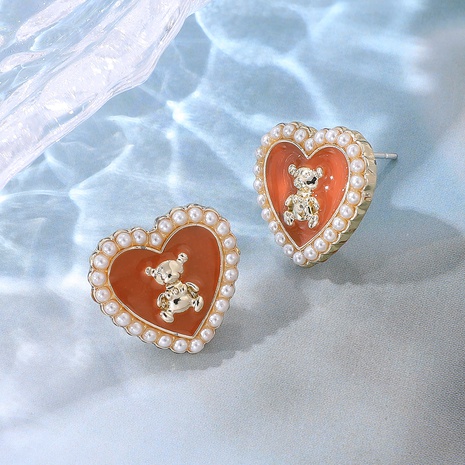 Cute sweet creative pink heart bear pattern pearl alloy earrings's discount tags