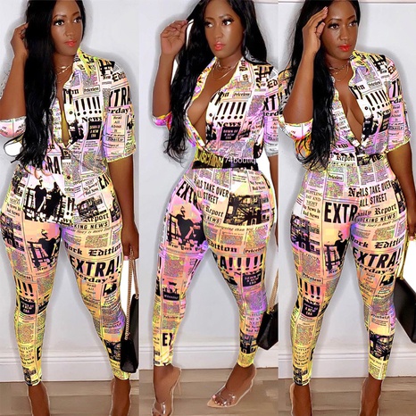 New women's long-sleeved newspaper print shirt pants suit's discount tags