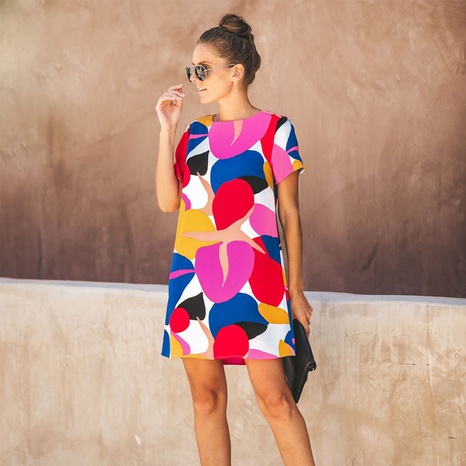 Summer New Round Neck Short Sleeve Multicolor Patchwork Print Dress NHSHX647788's discount tags