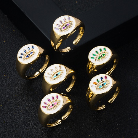 Fashion copper plated real gold micro-set zircon drip oil devil eye hip hop copper ring's discount tags