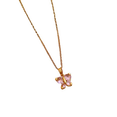 Collar de diamantes con microincrustaciones de mariposa rosa de acero titanio a la moda's discount tags