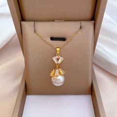 fashion titanium steel pearl micro-encrusted diamond necklace clavicle chain