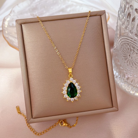 fashion titanium steel full diamond emerald iamond necklace clavicle chain's discount tags