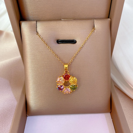 fashion titanium steel round six-petal flower micro-encrusted diamond necklace's discount tags