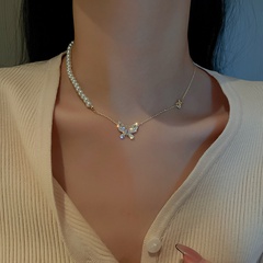 Fashion Simple Necklace Pearl Micro-inlaid Zircon Butterfly Alloy Necklace