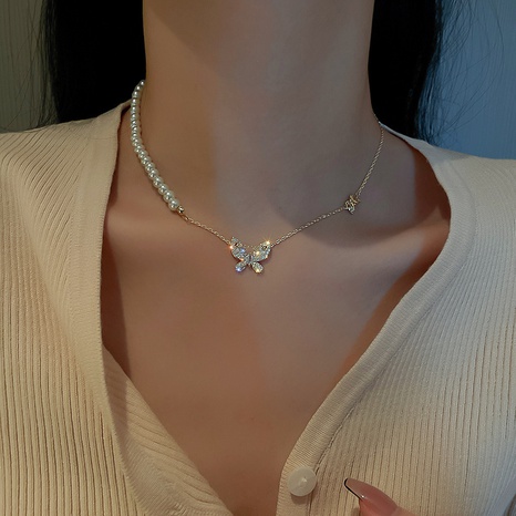 Art- und Weiseeinfache Halsketten-Perlen-Mikro-eingelegte Zirkon-Schmetterlings-Legierungs-Halskette's discount tags