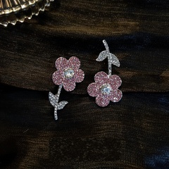 Rosa voller Diamant asymmetrischer koreanischer Stil niedliche Blumen-Tropfen-Ohrringe