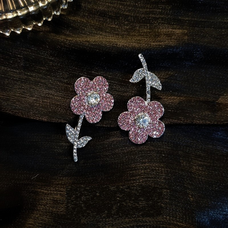 Pink Full Diamond Asymmetric Korean Style Cute Flower Drop Earrings