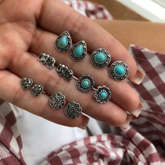 retro hollow elephant turquoise rhinestone earrings combination set wholesale