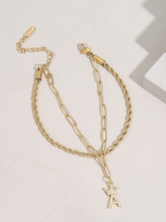 Bracelet double couche pendentif lettre torsadée en acier inoxydable plaqué or 18 carats