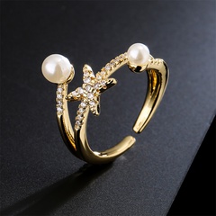 new micro-encrusted zircon pearl jewelry plated 18K gold geometric open copper ring