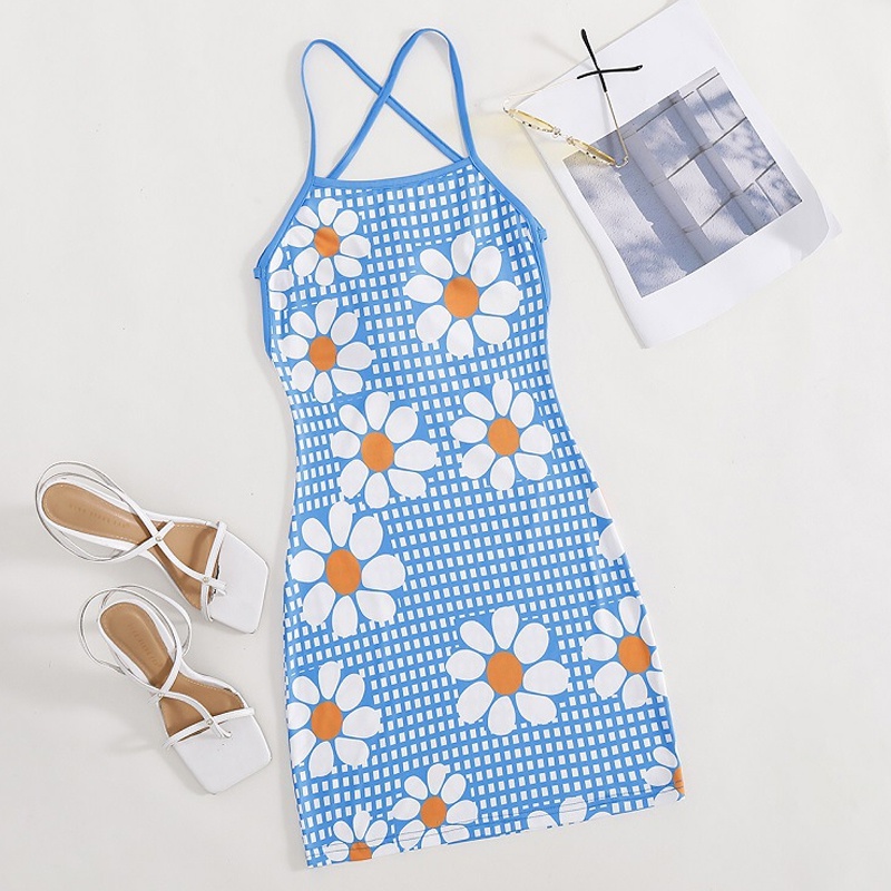 Spring Summer Fashion Blue Floral Print Dress