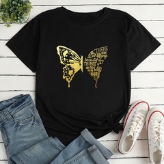 Letter Butterfly Fashion Print Ladies Loose Casual T-Shirt