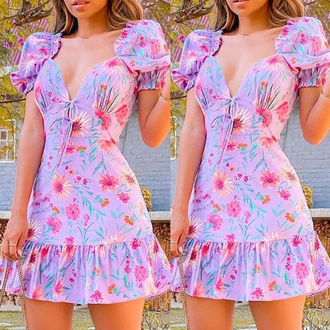 Summer new sweet square neck tie print dress's discount tags