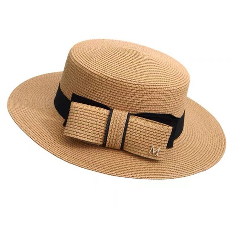 Sombrero de copa de carta plana con lazo simple de color de contraste de paja al por mayor's discount tags
