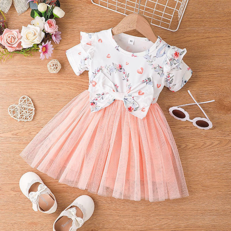 childrens new bow shortsleeved dress girl baby mesh skirt