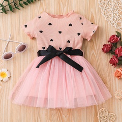 summer girls mesh skirt new stitching skirt short-sleeved heart print dress