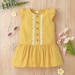 Girls Summer Flying Sleeve Dress Casual Baby Yellow Splicing Dress